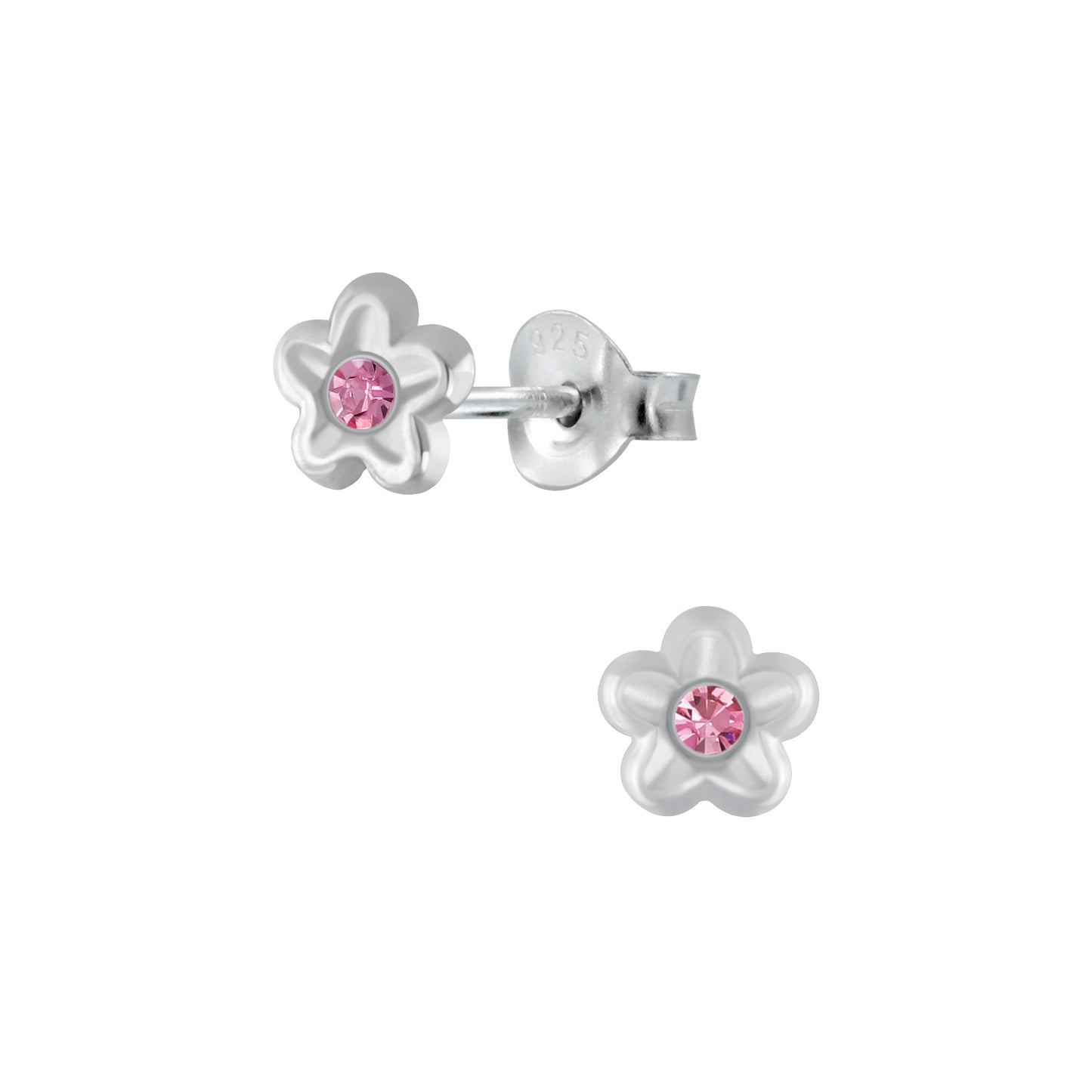 Sterling Silver Flower with Pink Rhinestone Flower tiny Stud Earrings