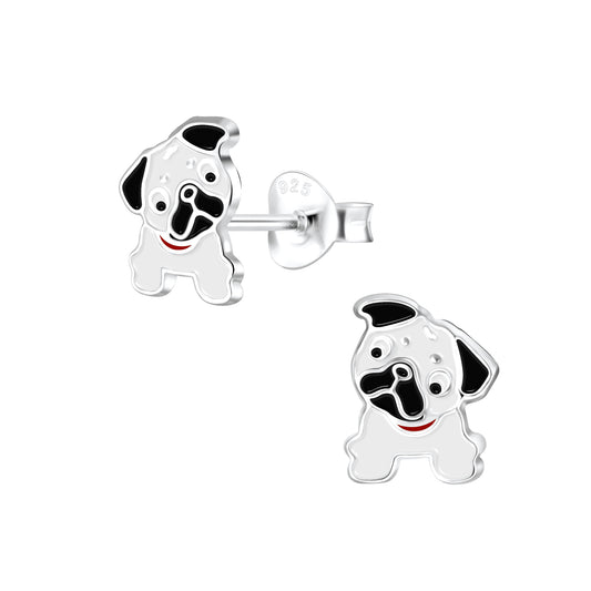 White and Black Puppy Sterling Silver Stud Earrings