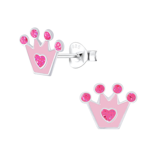 Pink Crown with Heart Sterling Silver Heart Stud Earrings