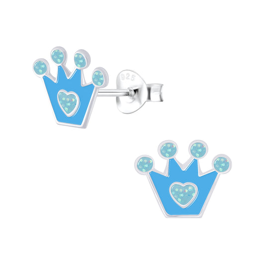 Teal Crown with Heart Sterling Silver Heart Stud Earrings