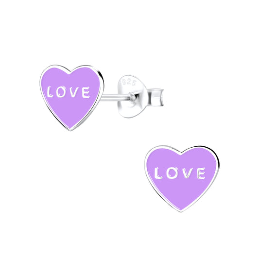 Light Purple Love Heart Sterling Silver Heart Stud Earrings