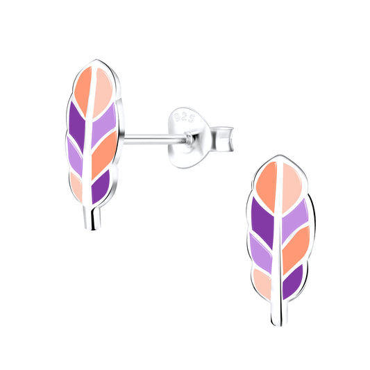 Feather Sterling Silver Earrings purple and orange