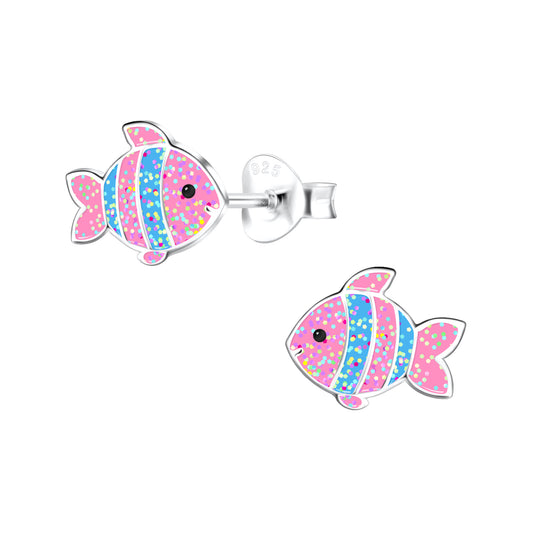 Blue and Pink Striped Fish Glitter Sterling Silver Earrings