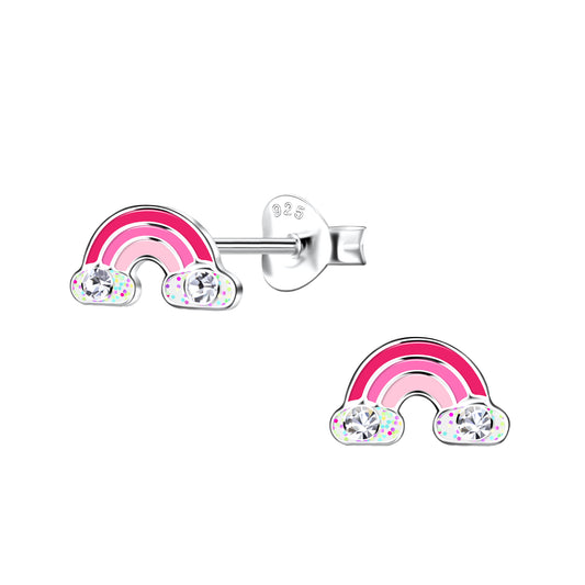 Pink Rainbow with Clouds Valentine Sterling Silver Stud Earrings