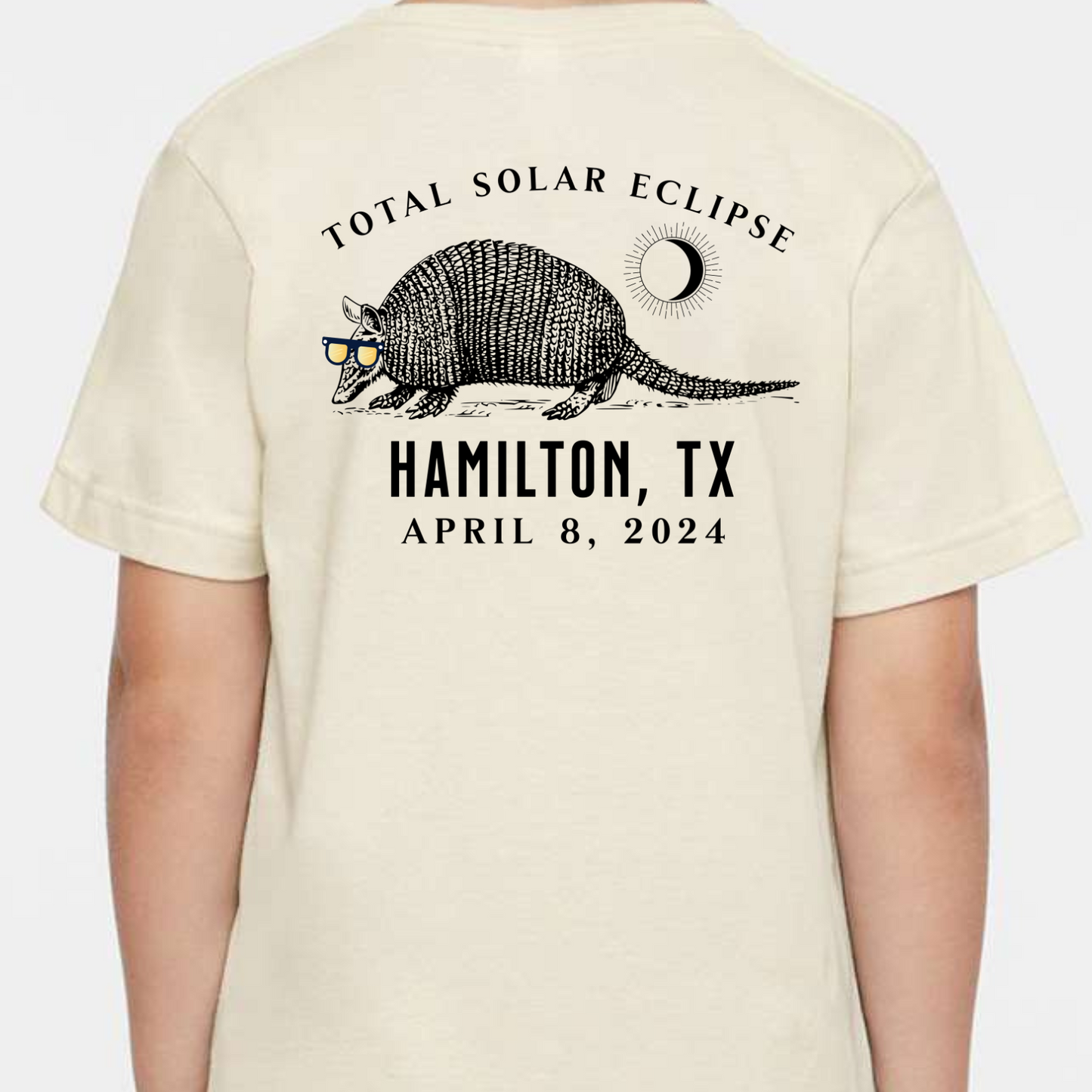 Youth Hamilton, TX Solar Eclipse Armadillo wearing solar eclipse glasses Graphic Tshirt April 8, 2024
