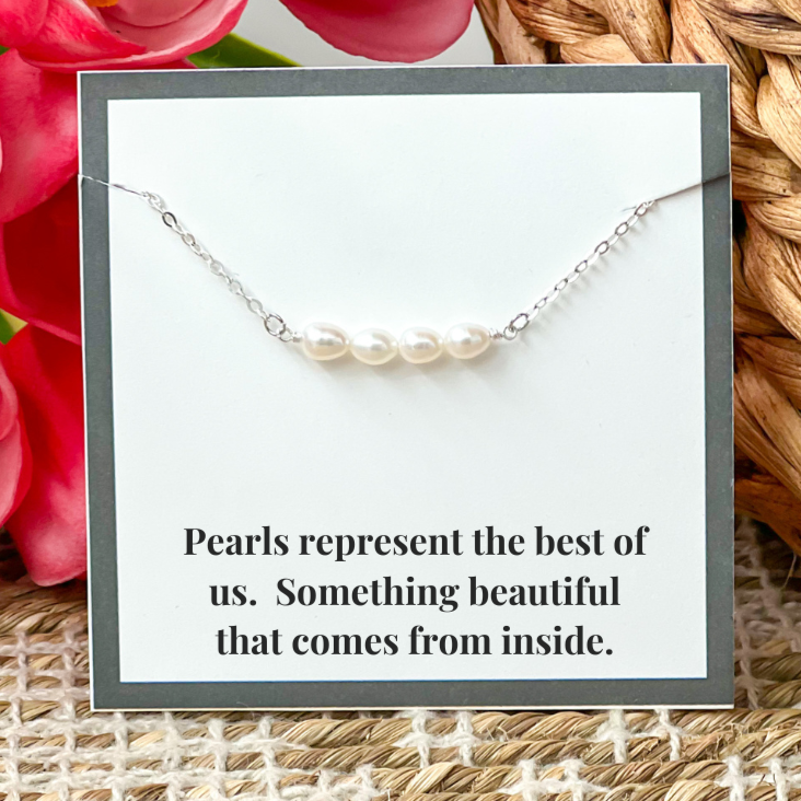 Four Pearl Bar Dainty Pendant Sterling Silver Necklace Perfect for Layering