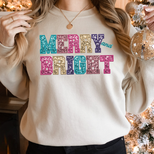Merry and Bright faux glitter/sequin Women's Christmas Sweatshirt