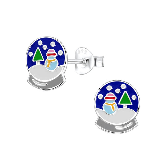 Dark Blue Snowglobe Sterling Silver Earring Studs