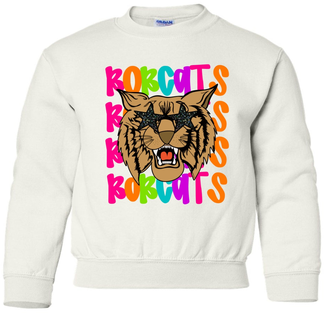 Colorful Bobcat Sweatshirt with Bobcat Face wearing Star Sunglasses