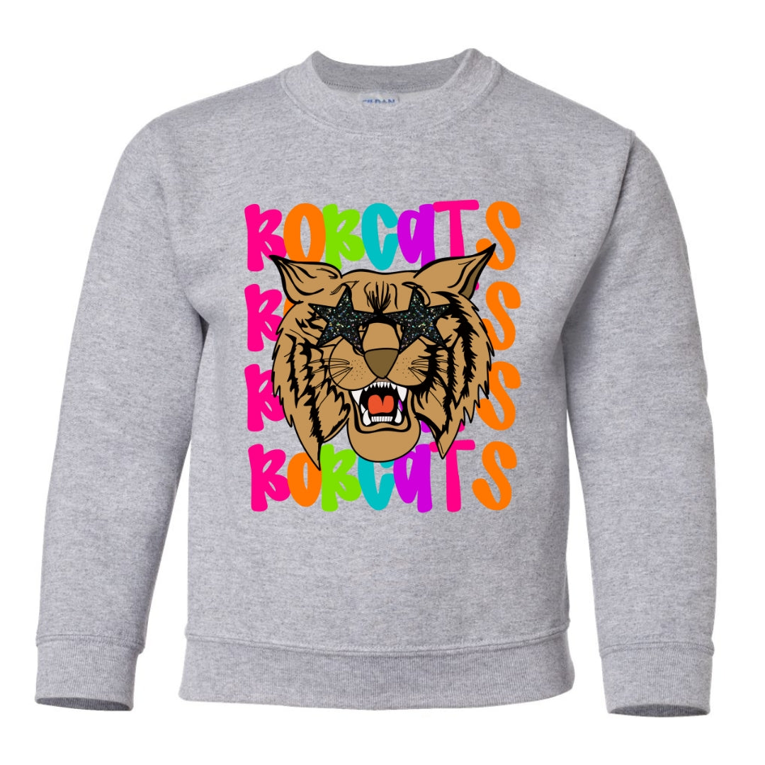 Colorful Bobcat Sweatshirt with Bobcat Face wearing Star Sunglasses