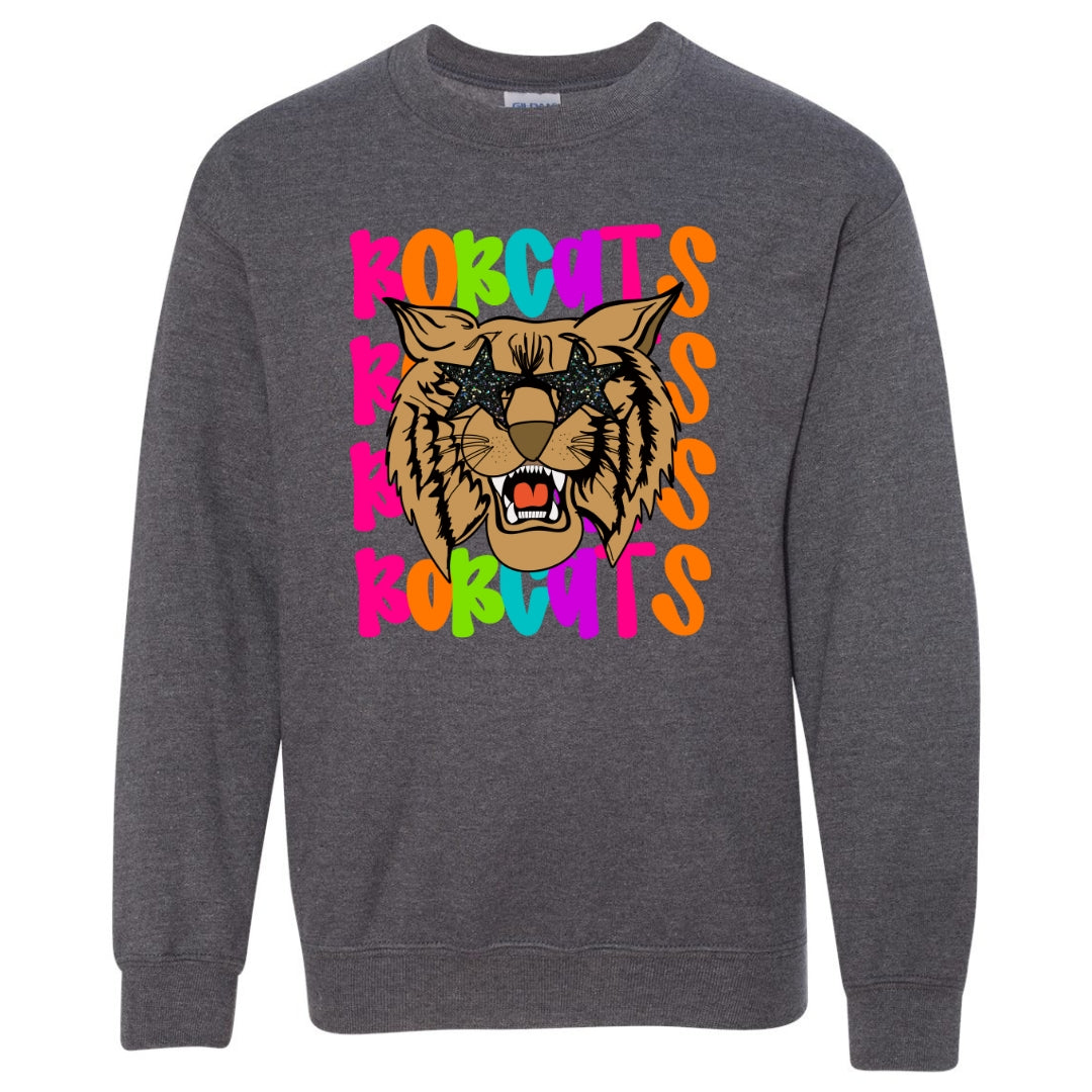 Colorful Bobcat Sweatshirt with Bobcat Face wearing Star Sunglasses