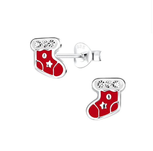 Red Stocking with Rhinestones Sterling Silver Earring Studs