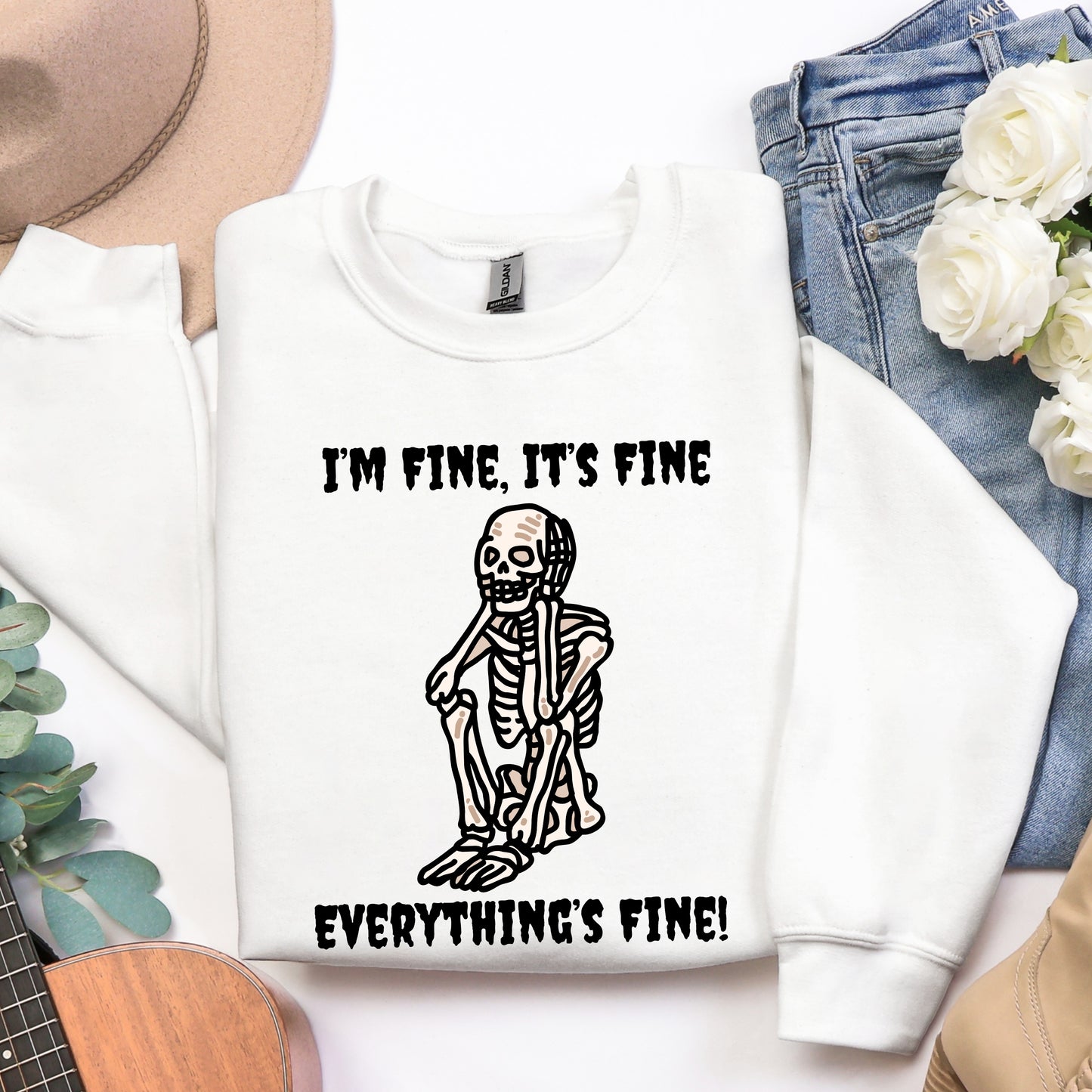I’m Fine Skeleton Halloween Sweatshirt – Funny Spooky Graphic