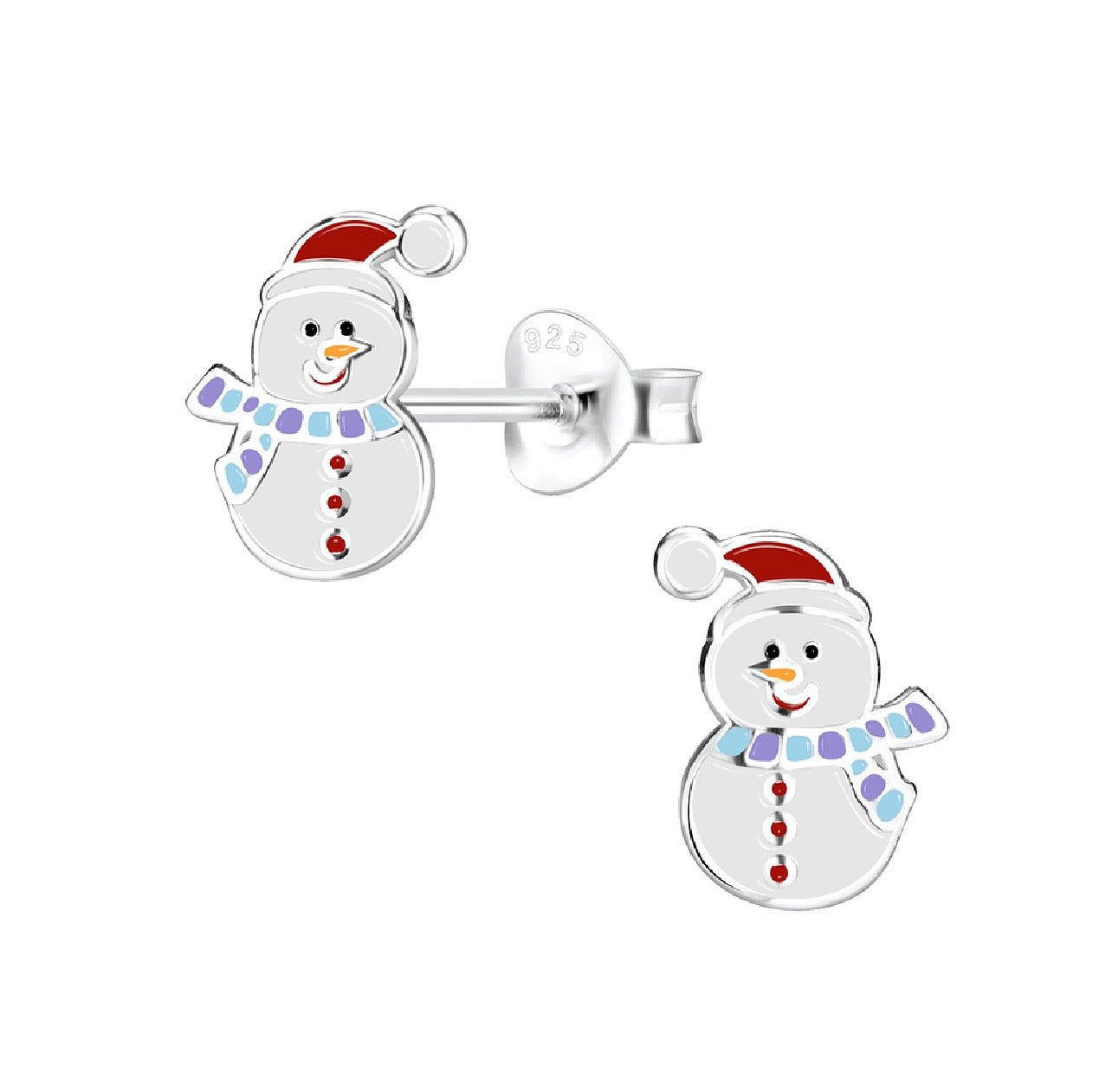Snowman with purple and blue scarf Sterling Silver Earring Studs