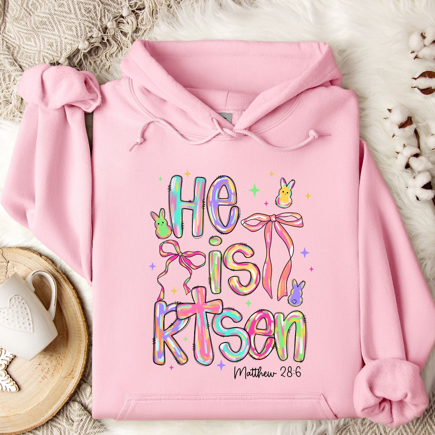 "He Is Risen" Easter Hooded Sweatshirt – Matthew 28:6