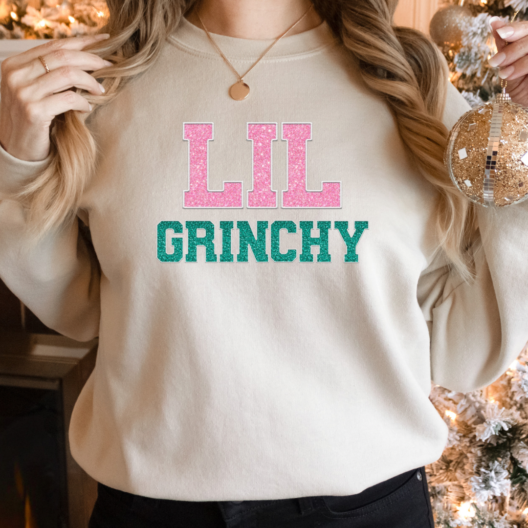 Lil Grinchy faux glitter/sequin Women's Christmas Sweatshirt