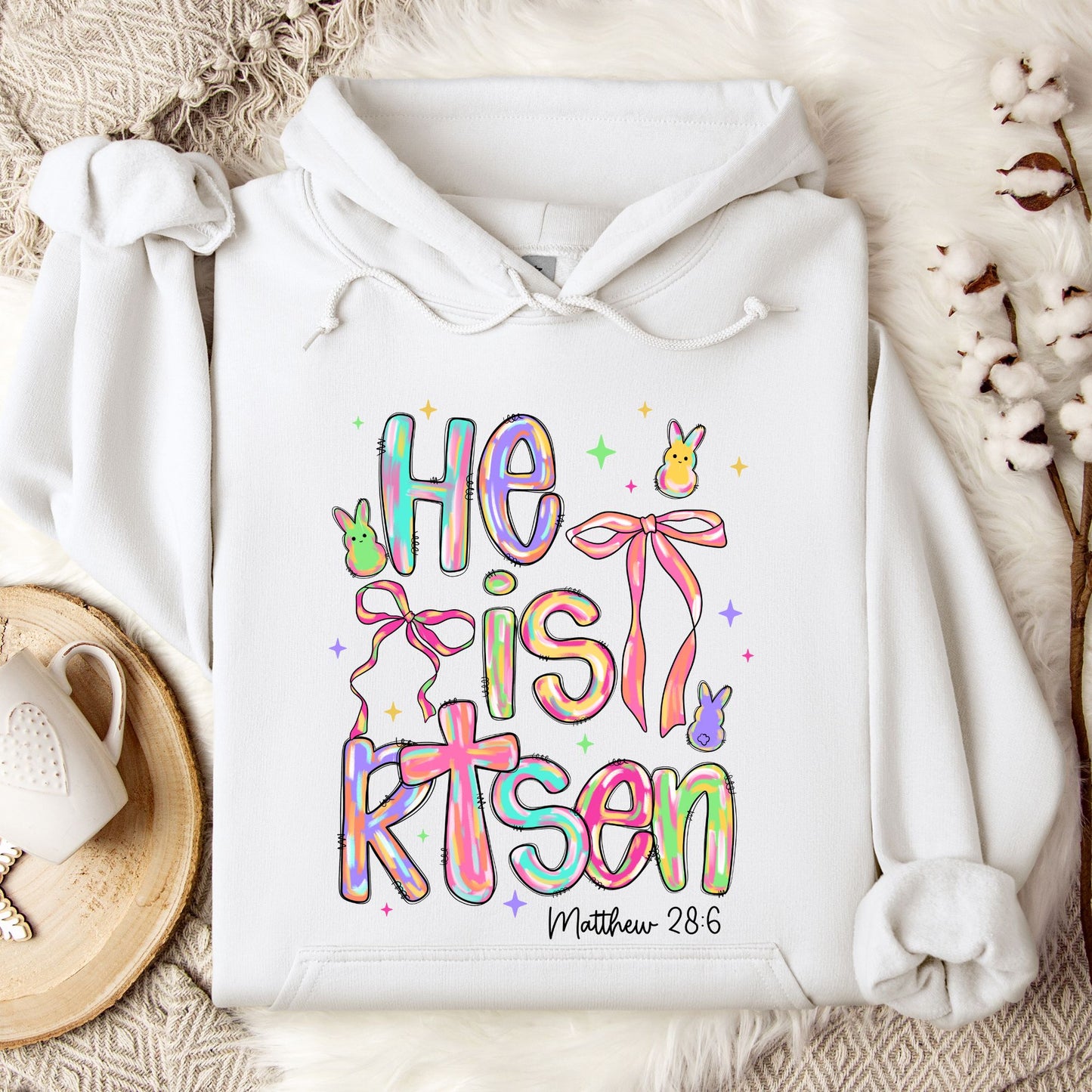 "He Is Risen" Easter Hooded Sweatshirt – Matthew 28:6