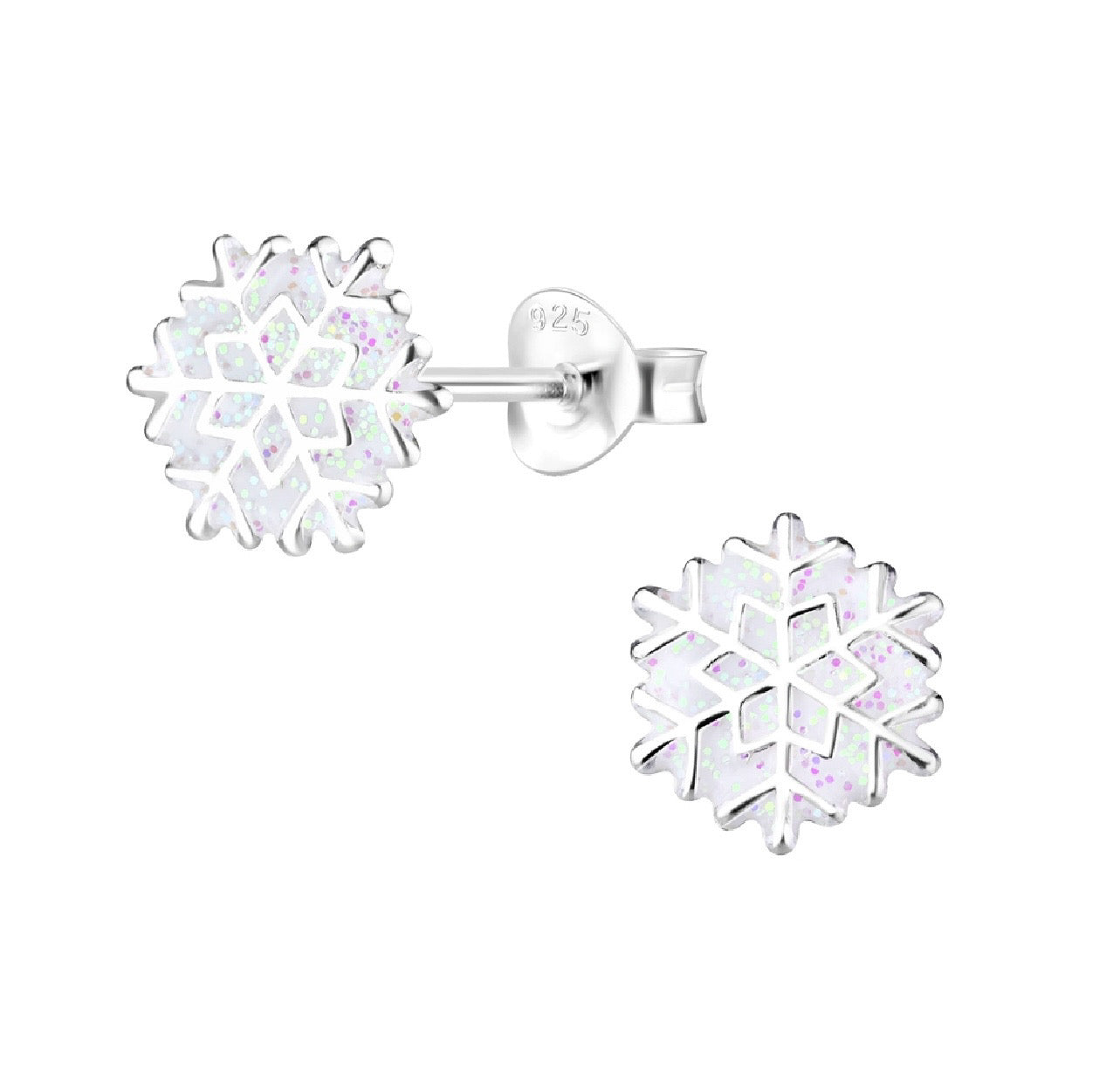 White Glitter Snowflake Sterling Silver Earring Studs