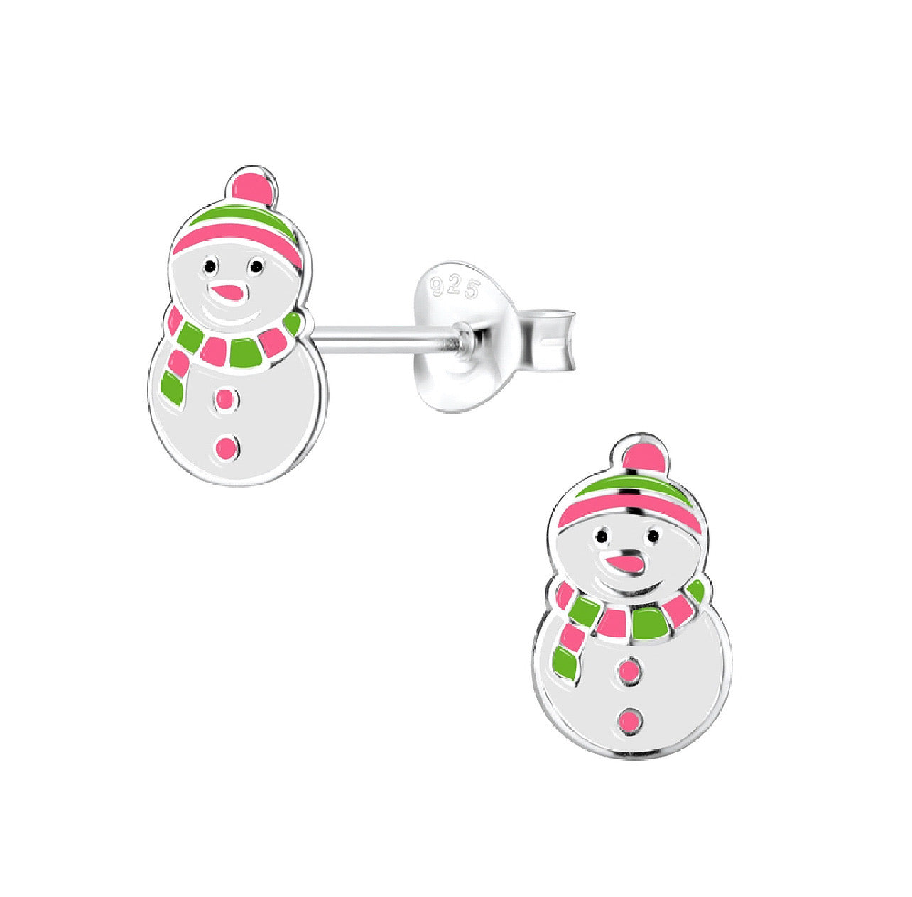 Snowman with pink and green scarf Sterling Silver Earring Studs