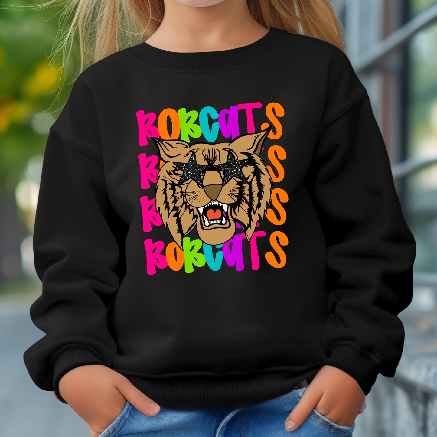 Colorful Bobcat Sweatshirt with Bobcat Face wearing Star Sunglasses