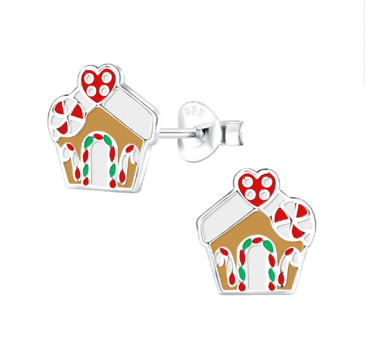 Gingerbread House Sterling Silver Earring Studs