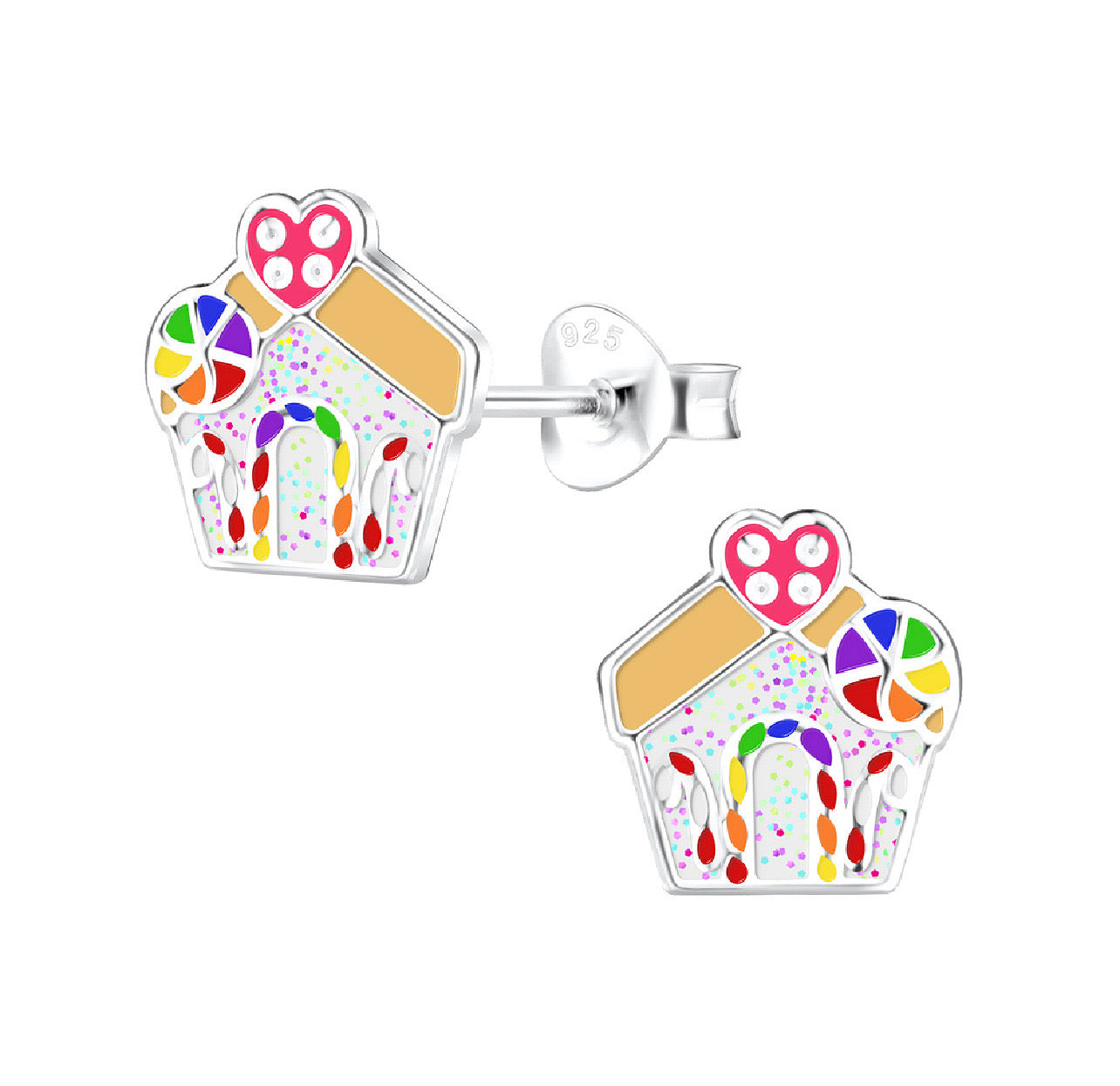 Gingerbread House White Glitter Sterling Silver Earring Studs