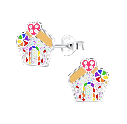 Gingerbread House White Glitter Sterling Silver Earring Studs