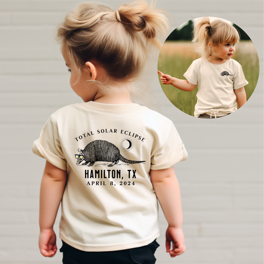Toddler Hamilton, TX Solar Eclipse Armadillo wearing solar eclipse glasses Graphic Tshirt April 8, 2024