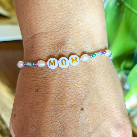 Silver coated Pearl and Beaded Mom Bracelet