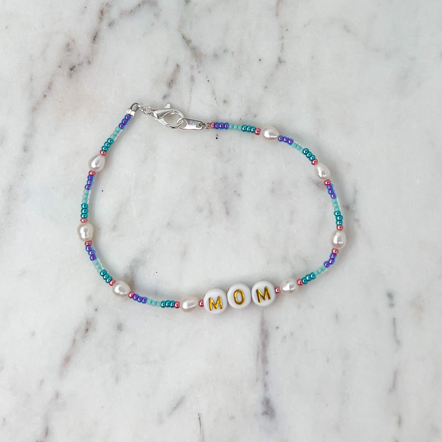 Silver coated Pearl and Beaded Mom Bracelet