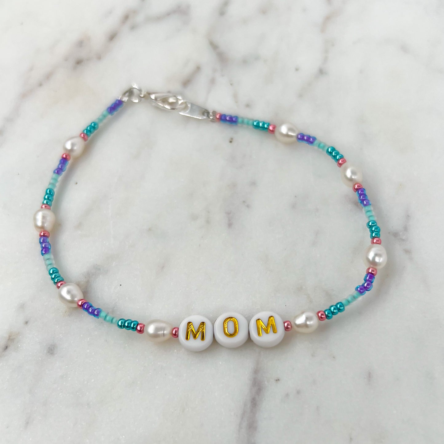 Silver coated Pearl and Beaded Mom Bracelet