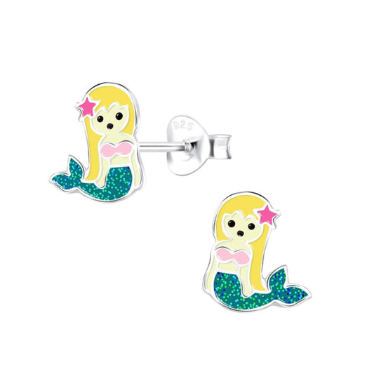 Dark Teal Glittery Tailed Mermaid Sterling Silver Stud Earrings