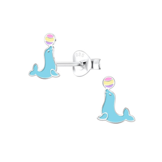 Teal Seal with Ball Sterling Silver Stud Earrings