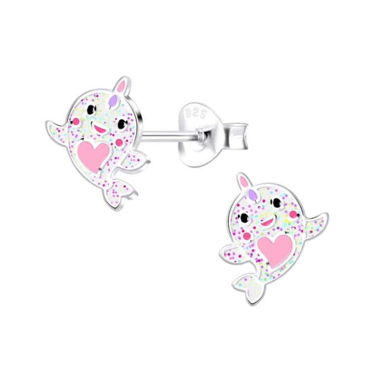 White Glitter Whale Sterling Silver Stud Earrings