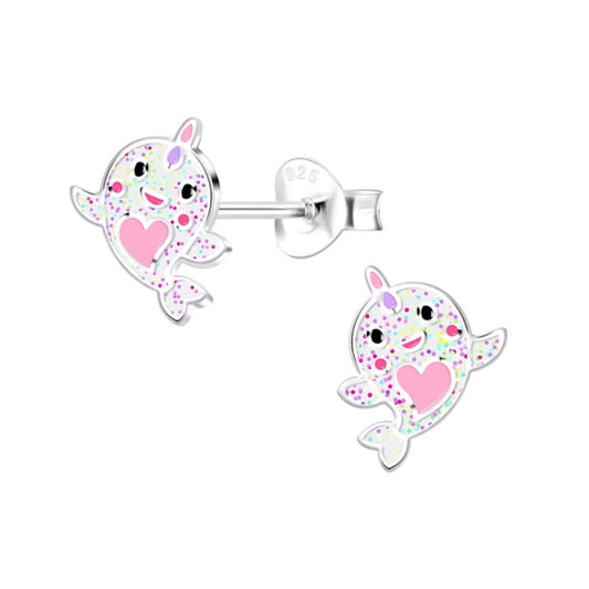 White Glitter Whale Sterling Silver Stud Earrings
