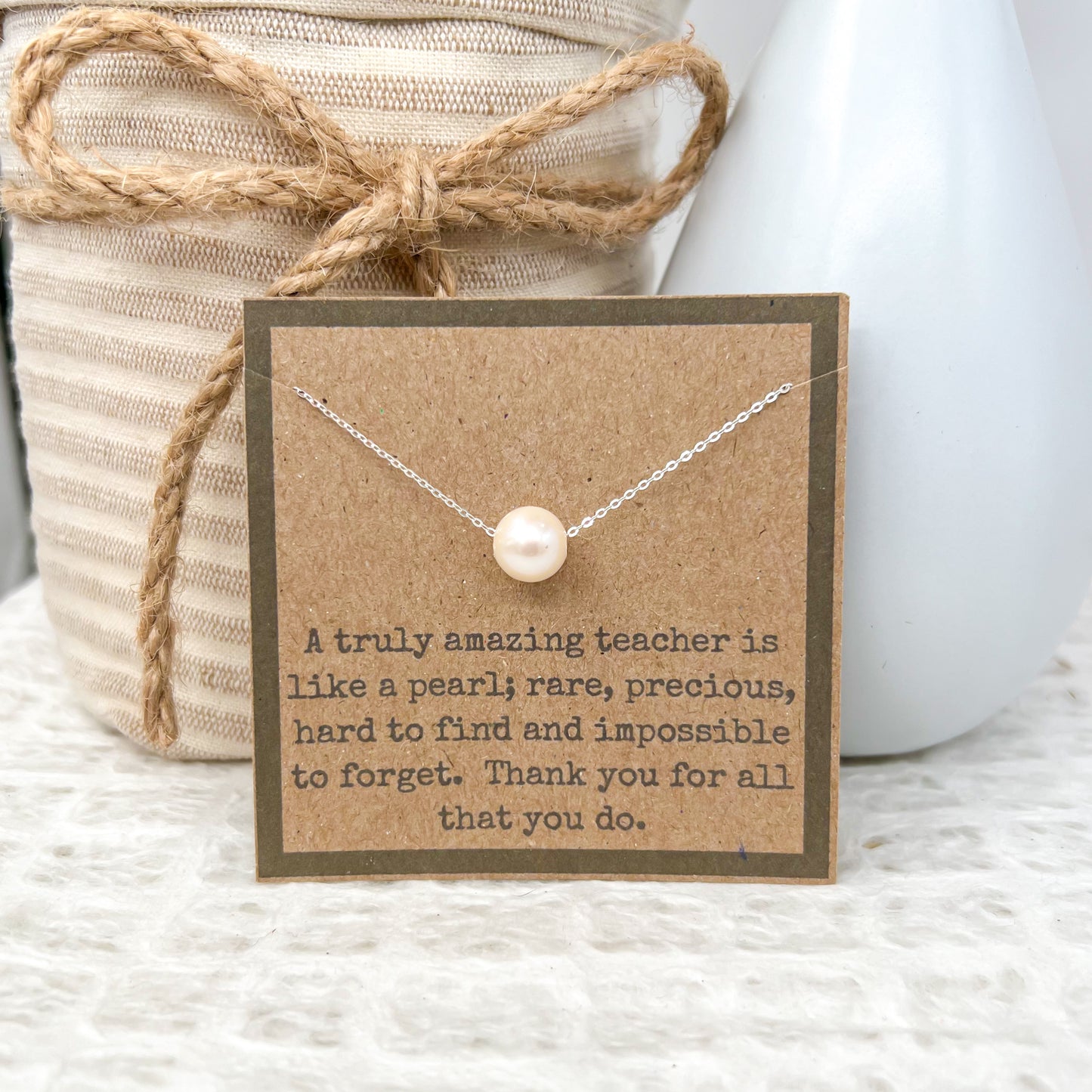 Sterling Silver Pearl Necklace with Teacher Card