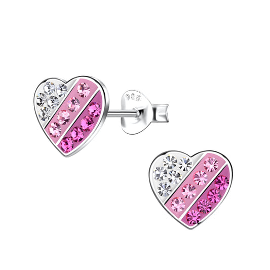 Rainbow Heart with Wrhite and Pink Rhinestones Valentine Sterling Silver Stud Earrings