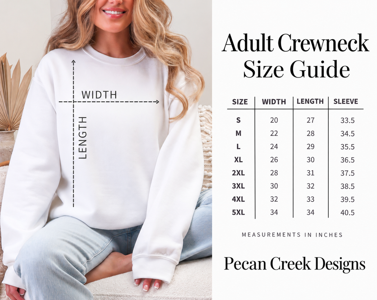 Adult crewneck size guide: chest width, body length and sleeve length in inches