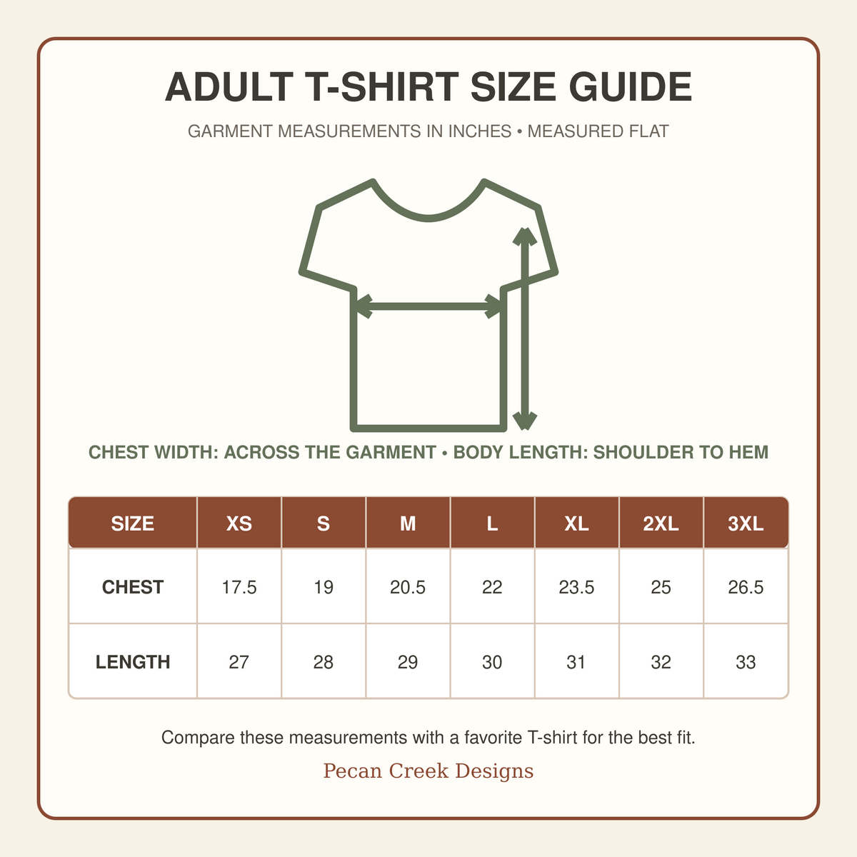 Adult unisex T-shirt size guide with chest width and body length measurements