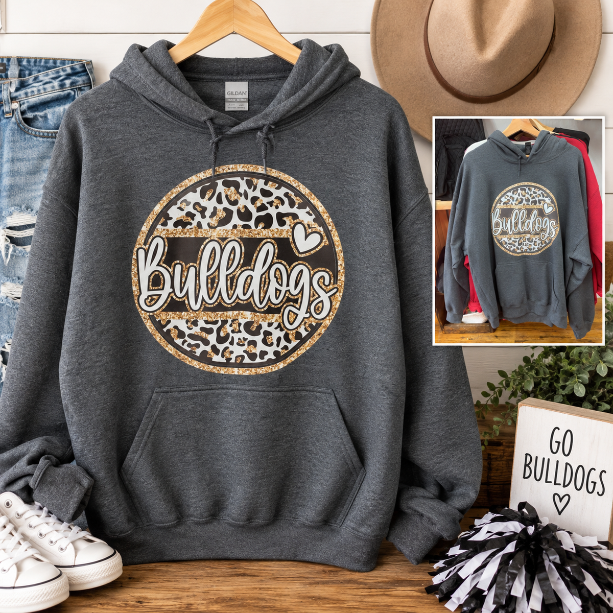 Bulldogs leopard circle dark heather hoodie lifestyle mockup