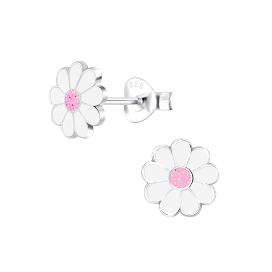 a pair of white and pink flower earrings
