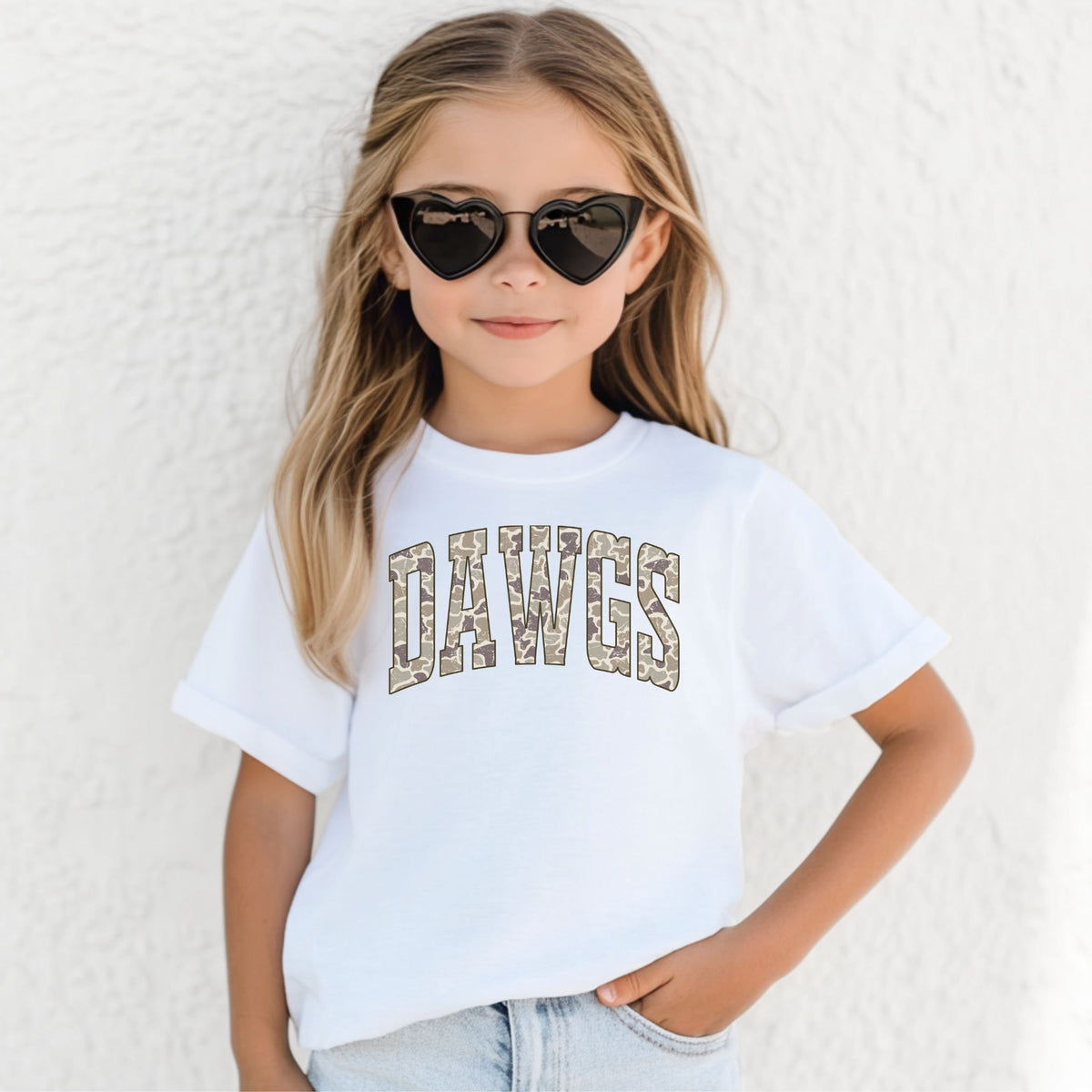 Camo DAWGS youth T-shirt on Bella+Canvas 3001Y in White