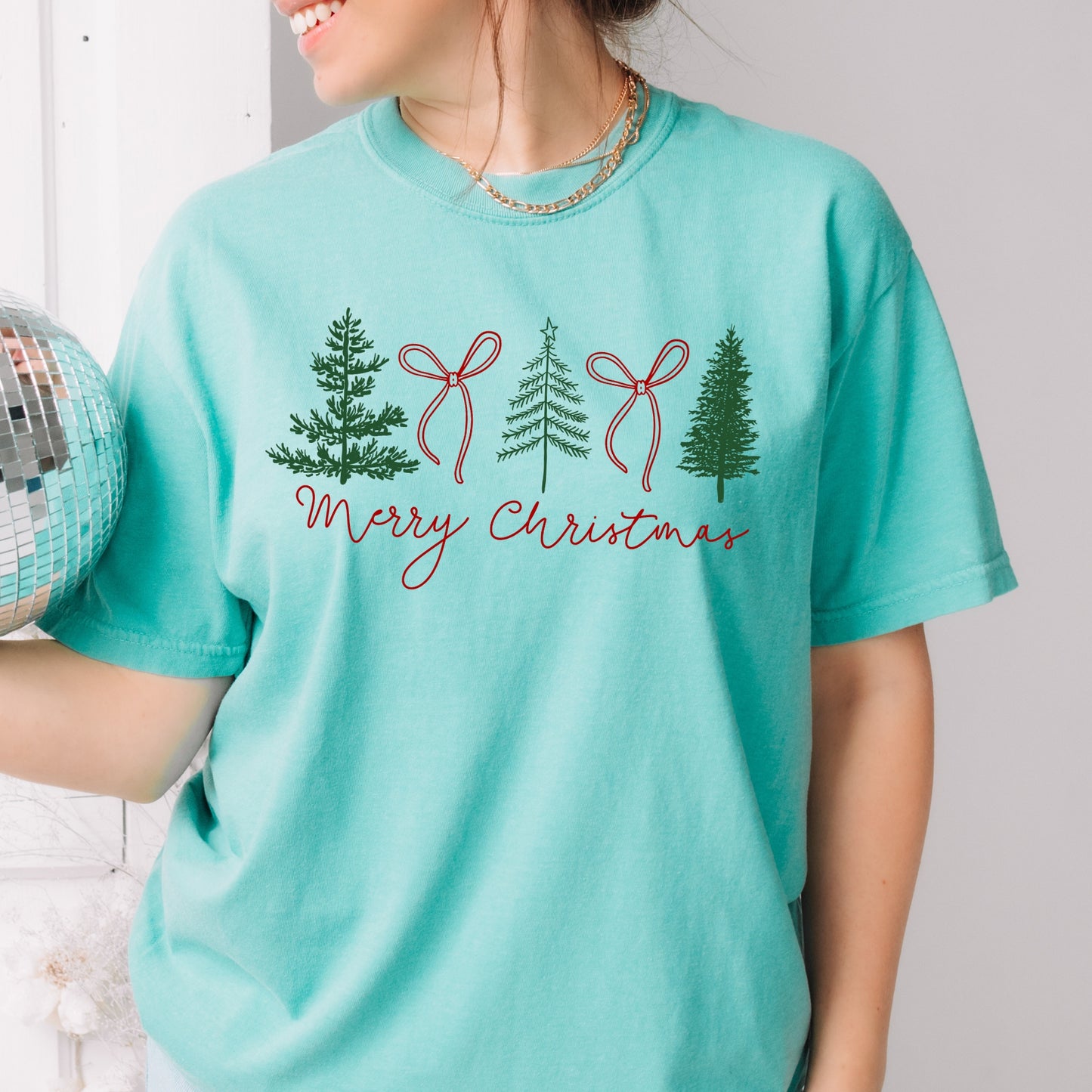 Merry Christmas Red Bows & Evergreen Trees Tee Comfort Colors