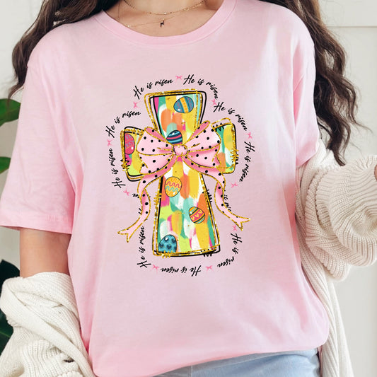He is Risen Painted Cross with Eggs and Bow Tshirt