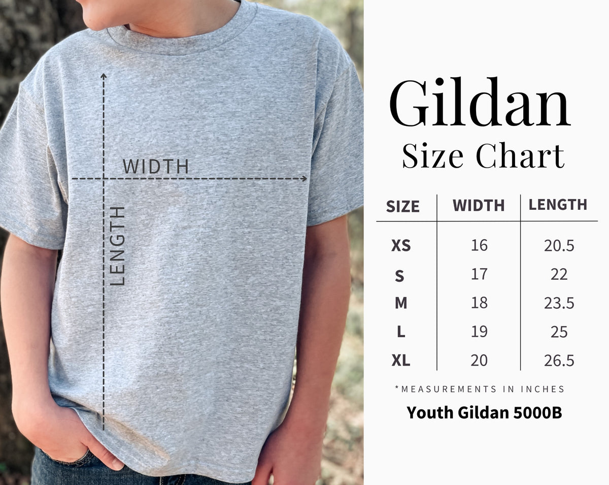 Youth T-shirt size chart in inches