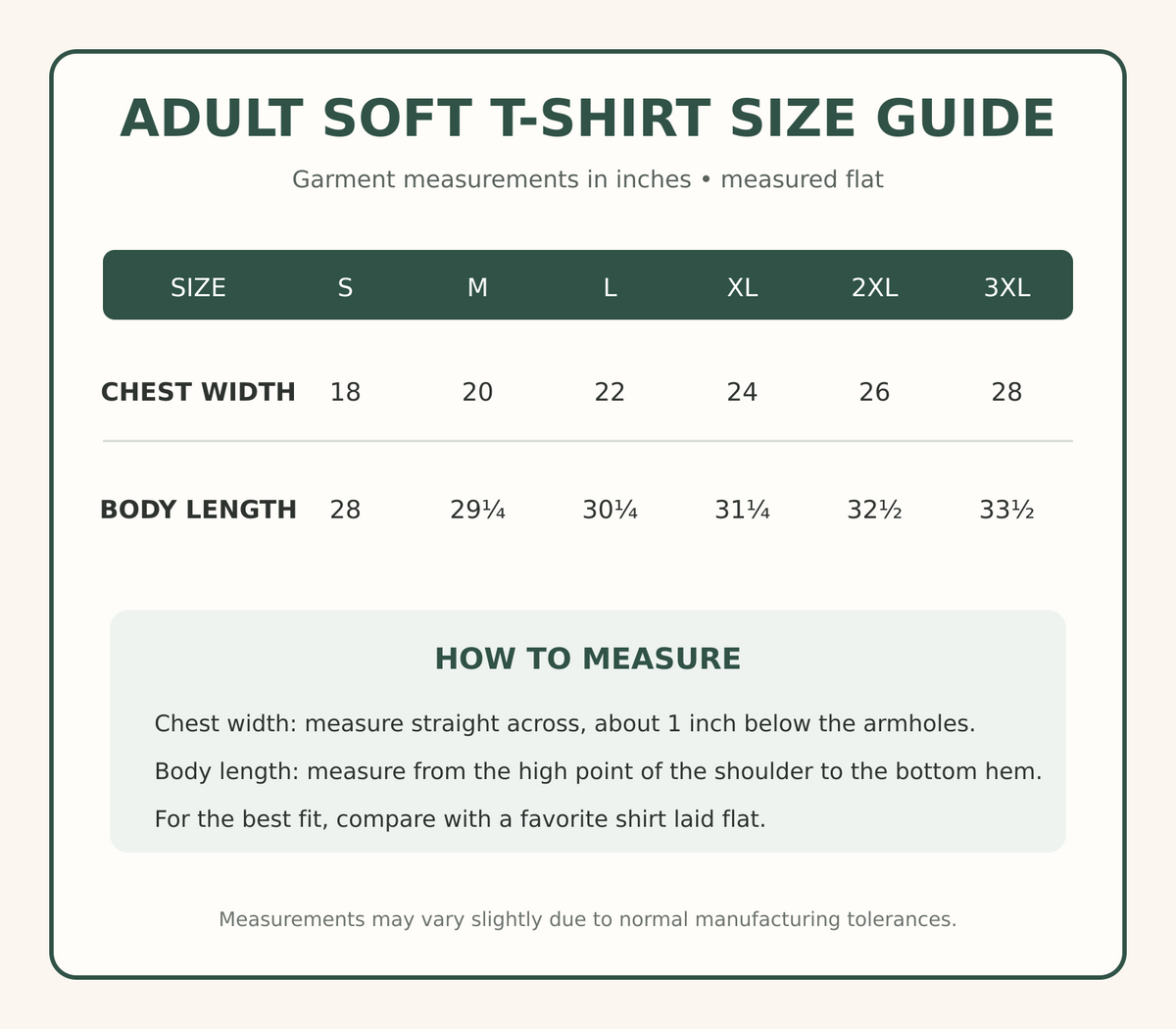 Adult soft T-shirt size guide with chest width and body length measurements