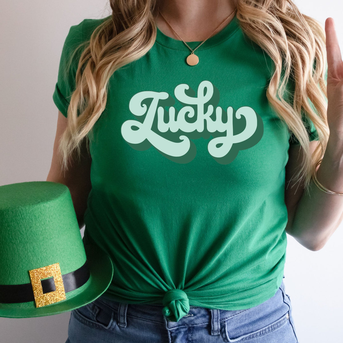 Lucky graphic T-shirt in Bella Canvas Kelly Green lifestyle