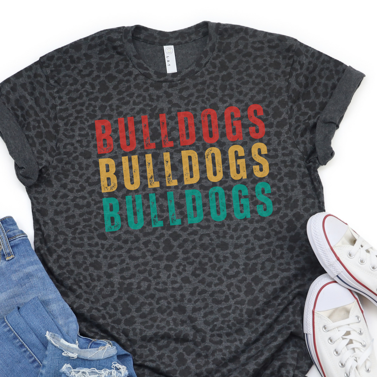 Multicolor Bulldogs LAT black leopard T-shirt flat lay