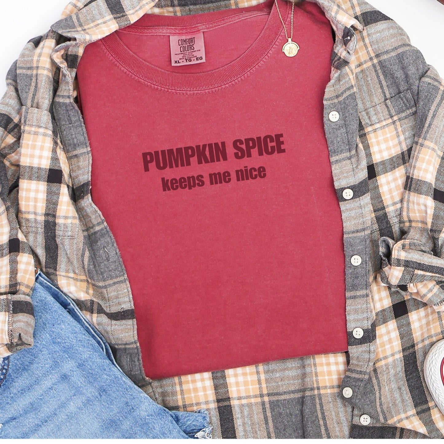 Pumpkin Spice Keeps me nice Comfort Colors Flocked print design tshirt