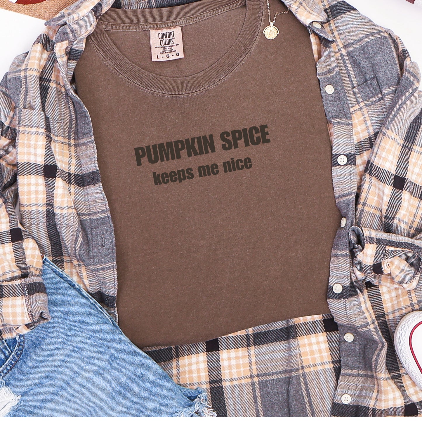 Pumpkin Spice Keeps me nice Comfort Colors Flocked print design tshirt